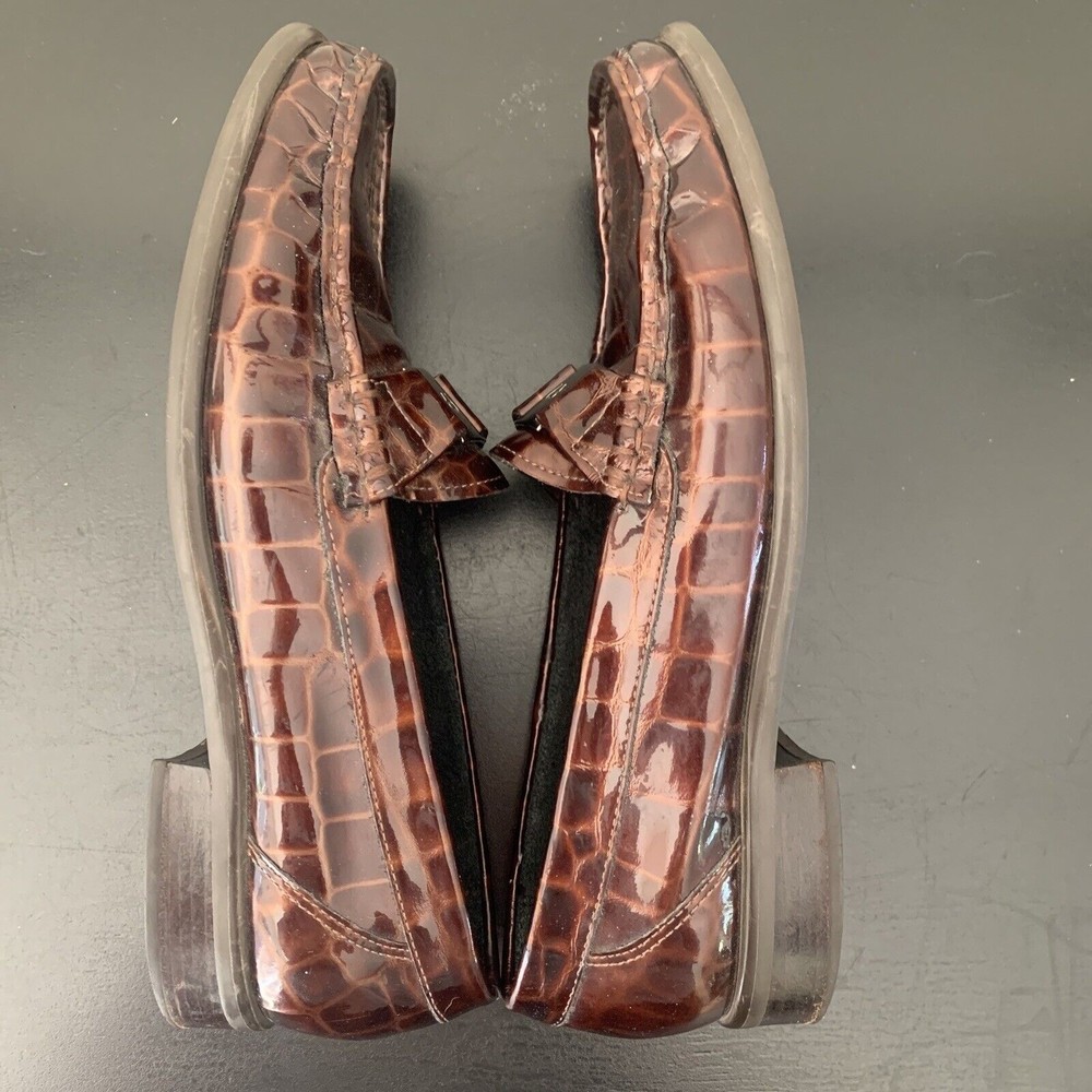 Etienne Aigner CHICKLET 7.5 Brown Crocodile Leather Flat Loafers Buckle Shoes